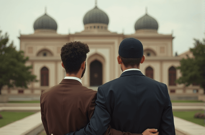 Two individuals in formal attire stand arm in arm, facing a grand mosque with domes.