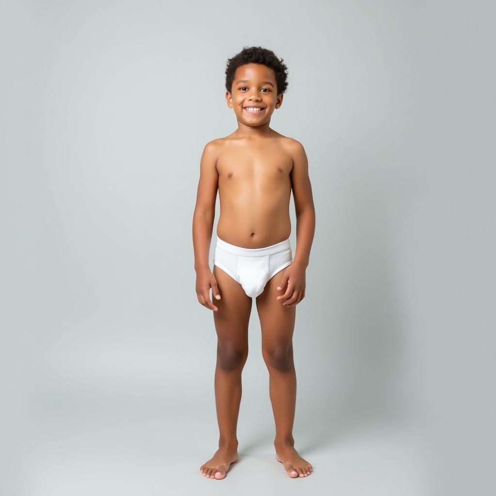 Image of a young boy standing barefoot against a light gray background. Wearing white underwear. Natural smile on his face. Soft and even lighting creates a calm atmosphere. Boy's pose is confident and relaxed. Minimalistic style enhances focus on subject.