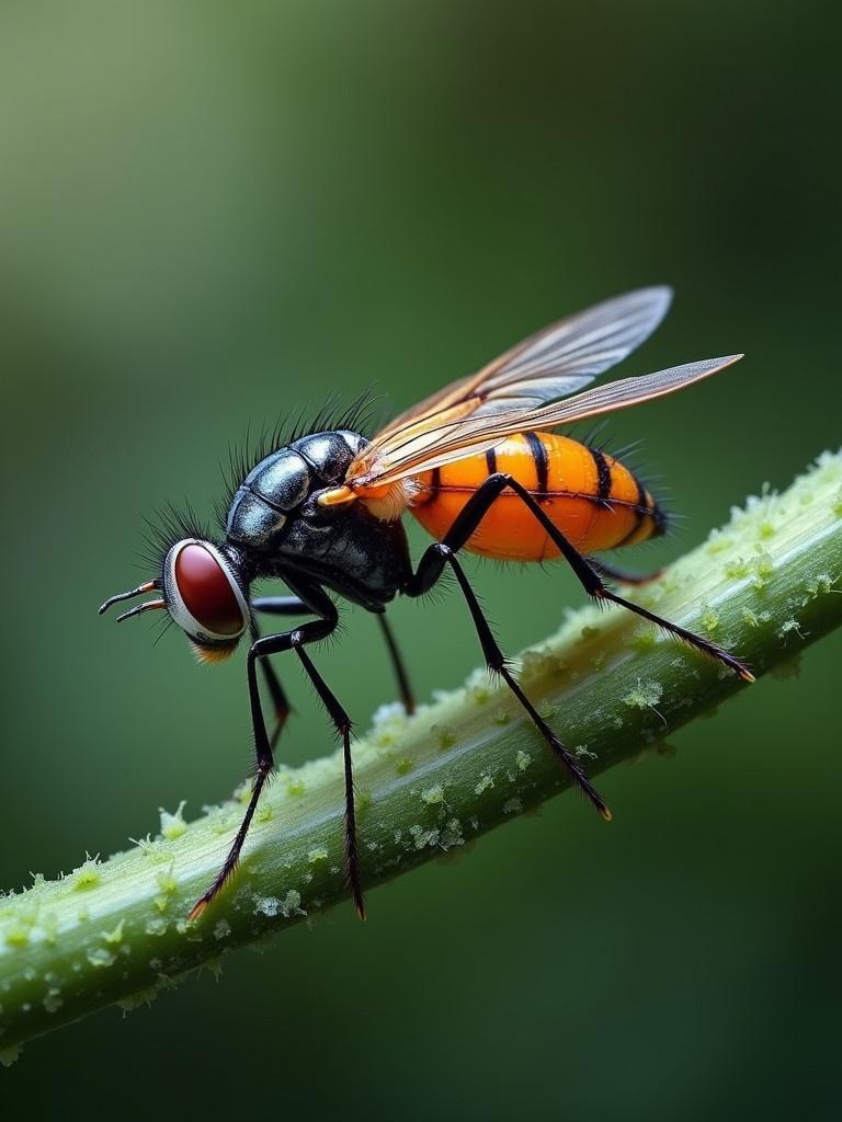 Drosophila positioned on a green stem. The fly has a black body with orange markings and red eyes. Focus on the intricate details of the fly and the stem it rests on.