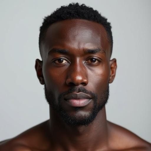 A photorealistic portrait of a Black male is featured. The view is full frontal. The subject has a neutral expression with no rotational angles. The lighting is well-distributed. The face reveals sharp details and natural skin texture. The background is plain and the image is of high resolution.