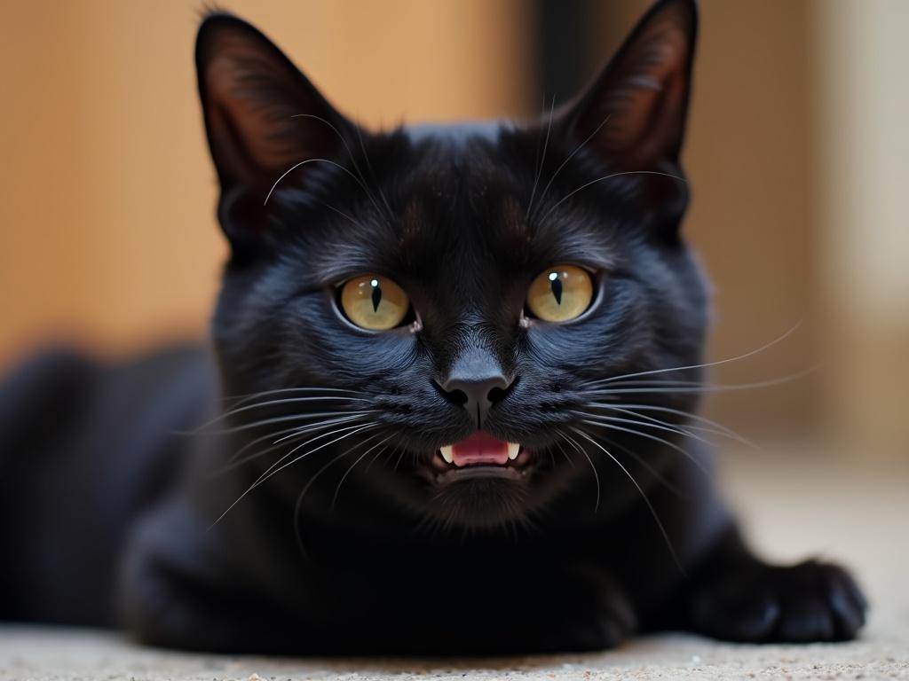 The image features a black cat with a mischievous expression. Its ears are pointed, and its eyes are wide and bright, showing curiosity. The cat's mouth is slightly open, giving it an almost playful look. The background is blurred, making the cat the focal point of the image. This feline appears relaxed yet alert, as if it's about to pounce on something interesting.