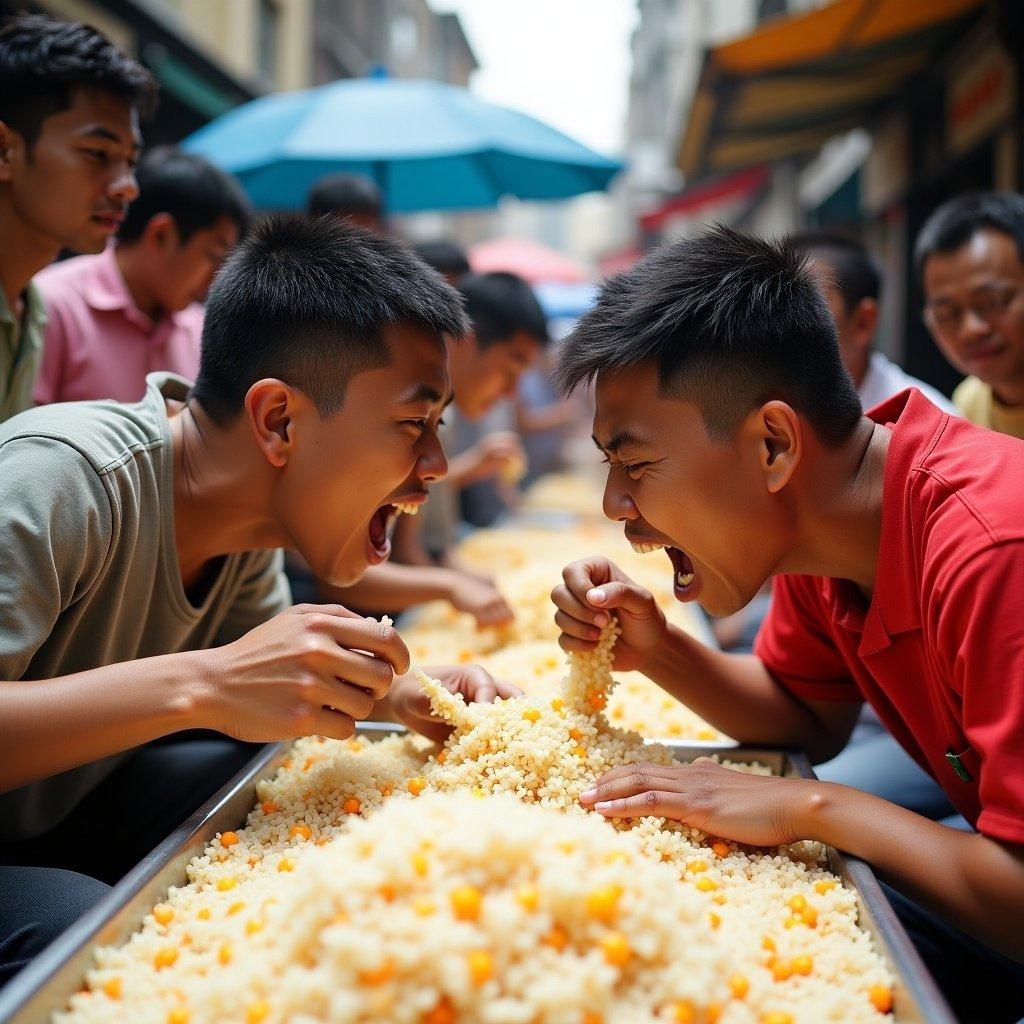 Two individuals compete over a large dish of rice on a busy street.