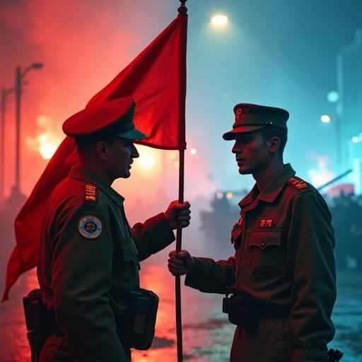 Scene portraying two Portuguese soldiers from the 1970s in confrontation. One soldier wearing communist-style uniform holds a red flag with a hammer and sickle. The other soldier in standard military uniform looks shocked. Chaotic Lisbon street in background with tanks and protesting crowds. Use saturated cinematic colors and dramatic lighting contrasts.
