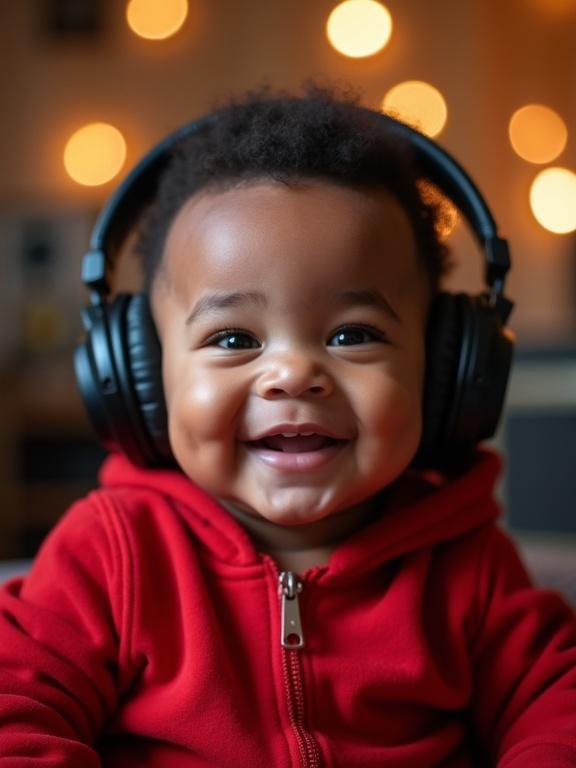 Close-up of a baby wearing red clothes. Baby has chubby cheeks and a gentle confident smile. Baby wears large headphones. Soft natural lighting brightens the scene. Background shows softly blurred music studio elements with warm bokeh lights. Body faces directly forward with no rotation.
