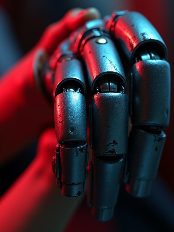 Macro shot showing human elbow brushing a robotic hand. Metal surface shows wear. Red ambient light with cool blue highlights. Focus on textures and intimacy. Shallow depth of field creates a cinematic feel.