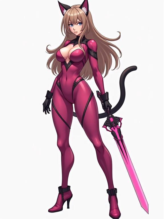 Mature woman with light brown hair and cat features in a pink bodysuit. Full body view with sci-fi elements and a pink sword inspired by Monado.