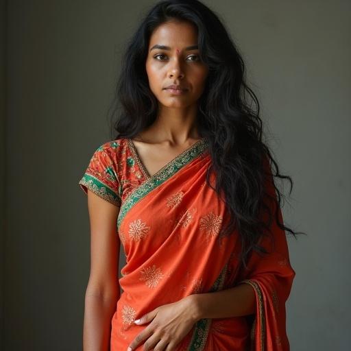 A portrait of a woman wearing a bright orange sari. She has long dark hair and is posing against a neutral background. Focus on traditional attire and cultural elements.