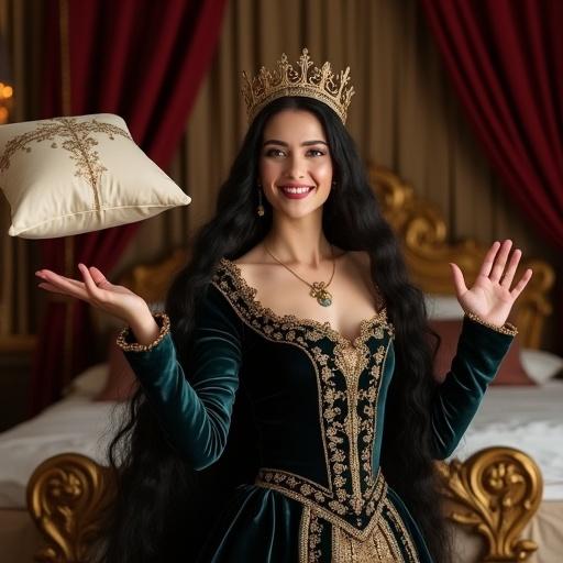 A woman inspired by Eleanor of Aquitaine in medieval queen style. She has porcelain smooth skin and long flowing dark hair. An elegant gold crown adorns her head. Wearing a luxurious dark velvet gown with intricate embroidery. She is in a dynamic pose, throwing a pillow. The pillow has motion blur, flying through the air. Her arm is extended with a playful smiling face. The background features a medieval royal bedroom with gold accents and velvet drapes, including a king-size bed. The scene exudes energetic movement and a majestic atmosphere.