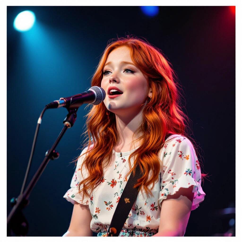 Red haired girl singing on dark stage. Bright stage lights highlighting her features. She wears a floral shirt and expresses joy while singing into a microphone.