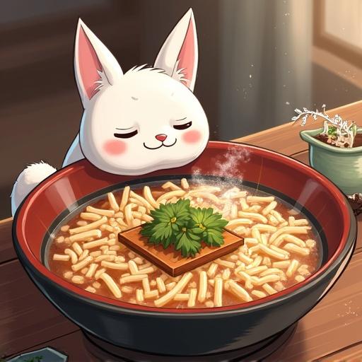 Cute rabbit character enjoying a bowl of ramen in a cozy atmosphere. The ramen features a wooden plank with herbs on top. The setting invokes an animated, whimsical style reminiscent of Studio Ghibli.