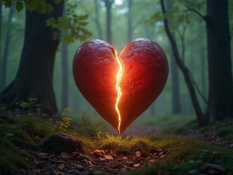 A cracked heart sealed with light in a quiet forest. The heart glows amidst trees and moss.