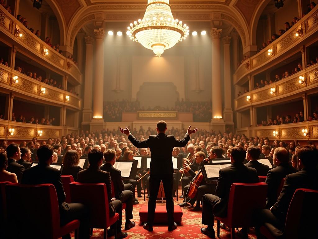 The image captures a grand concert hall filled with an orchestra and an audience. The scene is illuminated by warm lights from the ornate chandelier above. An orchestra conductor stands in front, passionately leading the musicians who are playing various instruments. The audience is seated in elegant red velvet chairs, some attentive and others engaged in conversation. The backdrop features intricately designed architecture, enhancing the dramatic atmosphere of the performance. The overall mood is one of sophistication and cultural appreciation.