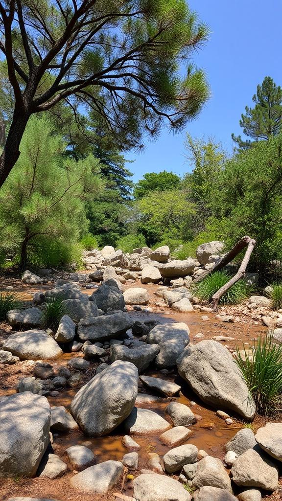 A serene stream flowing through a rocky landscape surrounded by lush greenery and trees.