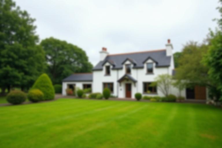An Irish home is shown with a large green garden. The garden occupies most of the left side of the image. The house is positioned to the left without any greenery on it.
