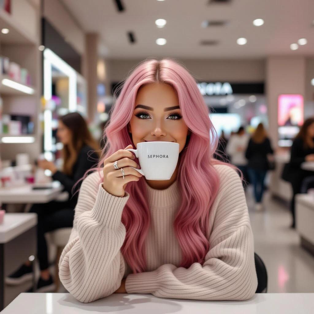 Woman with pink hair sits at a table with a cup of coffee next to Sephora store. The scene captures a cozy and modern ambiance.