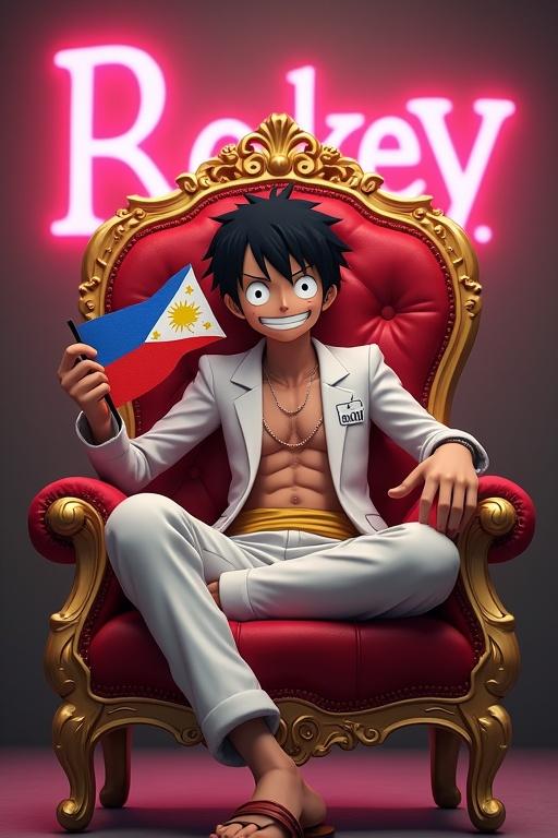 Character sits on a gold and red chair. Character wears a white suit. Name tag shows Luffy. Background blurred. Neon letters read Royal Vanguard. Character holds a small Philippine flag.