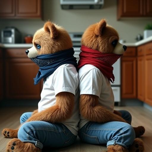 A realistic photo of two anthropomorphic bears. One bear has blue eyes the other has brown eyes. Both bears are worried and crying. They wear white shirts and blue jeans. Their mouths are sealed by bandanas. The bears sit back to back on the kitchen floor. Their arms and legs are restrained tightly. The setting shows a kitchen. The photo captures the emotional tension of the scene.