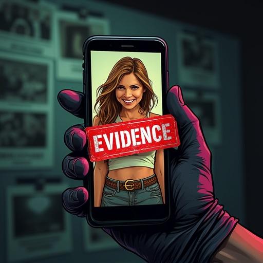 Close-up of smartphone held by gloved hand. Screen displays selfie of smiling woman with patterned belt. Dark blurred background features police files and crime scene photos. Red 'EVIDENCE' stamp overlays the image. Dramatic lighting highlights details. Style resembles comic book art, inspired by Telltale's The Walking Dead.