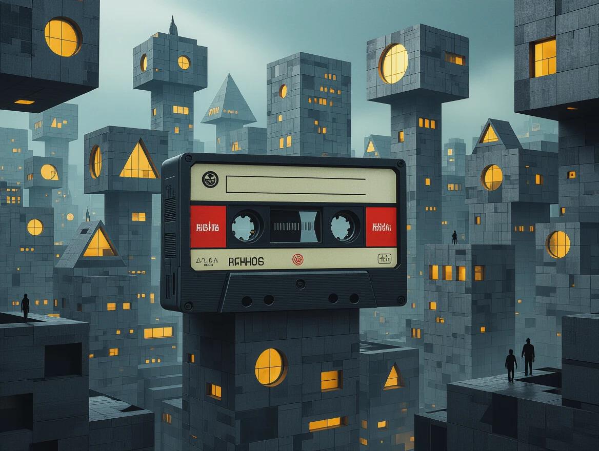 Dystopian cityscape filled with towering buildings made of grey cardboard textures. Retro cassette tape stands out. Geometric shapes include triangles and circles. Night scene with glowing windows. Shadows and silhouettes of figures visible. Surreal and hyper-realistic ambiance.