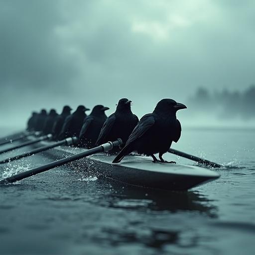 Hasselblad editorial photograph of a group of crows rowing a racing rowboat in a dynamic and stylized composition. Crows are intensely focused with wings spread as if paddling. Boat is sleek and glossy. Setting features a moody, dramatic sky. Stylish lettering at the bottom. Aspect ratio is 9:16. Modern editorial photography style.