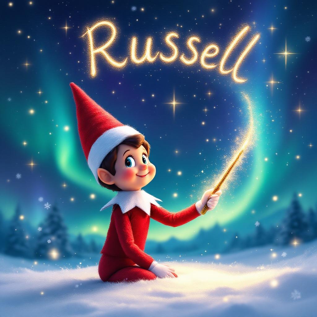 A snowy winter landscape under a starry night sky filled with vibrant Northern Lights. A cheerful Elf on the Shelf dressed in red and white with a pointy hat holds a magic wand. The wand twirls sparkling letters spelling the name 'Russell' in golden script. Soft snowflakes fall creating a magical holiday atmosphere.