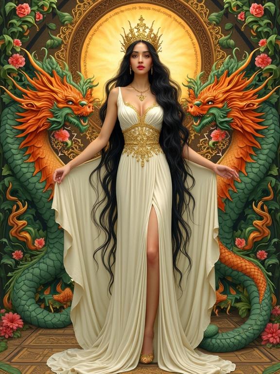 A woman stands wearing a luxurious white gown with slits. She has long dark hair and an ornate golden crown. The background features stylized dragons with orange manes and green scales, entwined with vines and flowers. The artwork is detailed and vibrant, inspired by Art Nouveau. The lighting focuses on the woman.