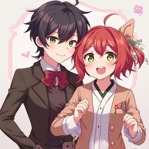 Illustration of two anime characters. One male character with dark hair and a bowtie. One female character with red hair and a bow. They are posing together happily.