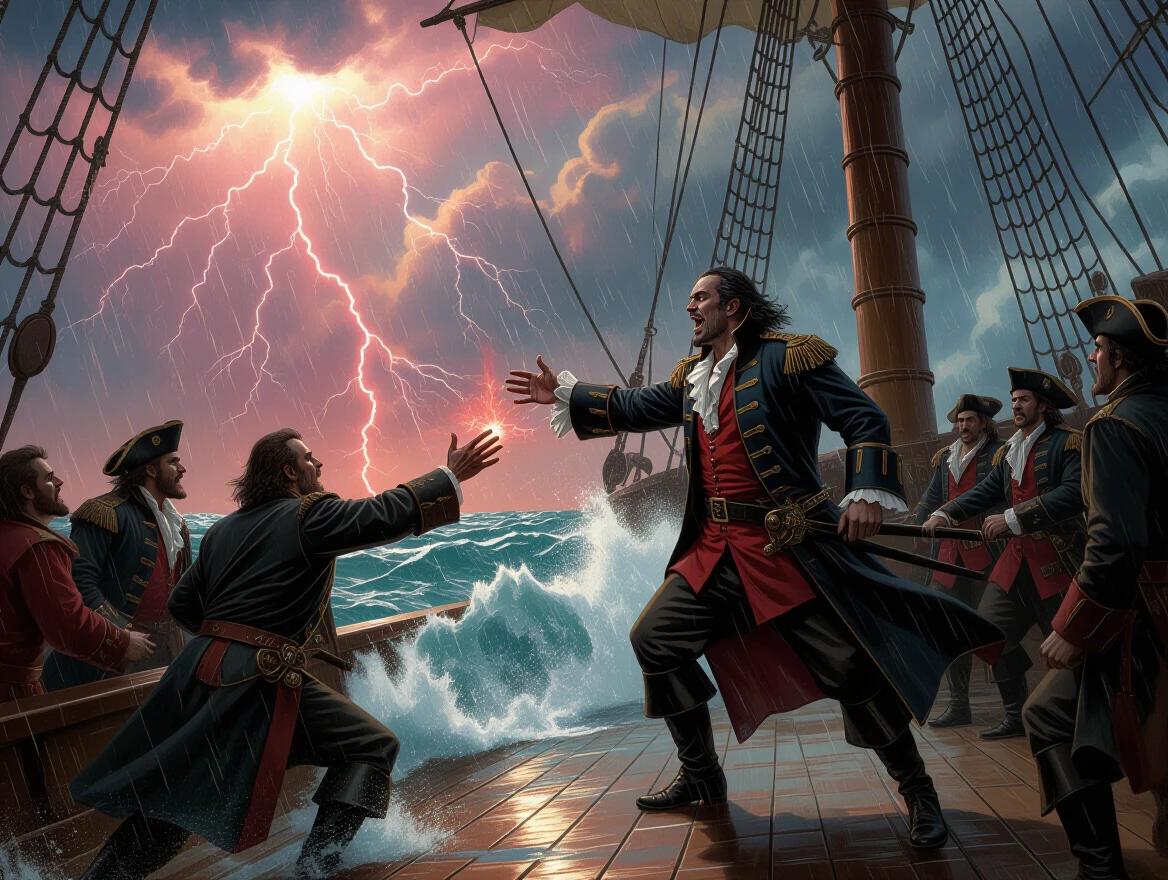 The moment when the devil curses Captain Vanderdecken on the deck of a 17th-century ship during an apocalyptic storm. Sky torn with red lightning. Raging sea crashes against the ship. Devil appears in human form with cold expression. Captain in an old naval uniform shouts defiantly at the sky. Crew watches in horror. Hellish atmosphere with strong contrast of light and shadow.