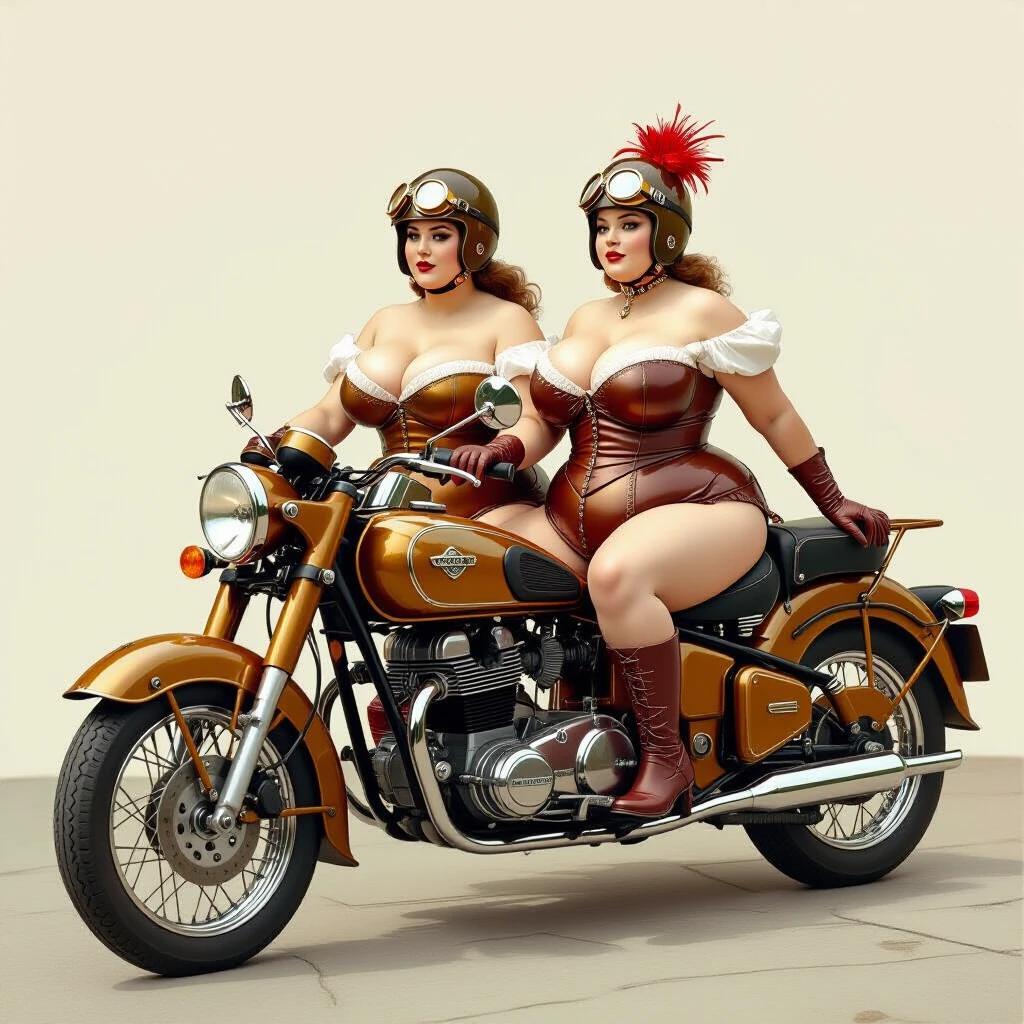 Photorealistic ultra-detailed image of a vintage motorcycle from 1840 with intricate details. The motorcycle has a sidecar made of aged metals including bronze and copper. It features strange, beautiful, and voluptuous pale women wearing unique outfits. They have oversized busts and deep necklines. They wear leather and brocade helmets and boots. The scene is set in a rainy, old London street at night. The image captures speed photography effects.
