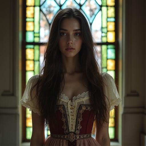 A young woman with long flowing hair stands in front of a stained glass window. She wears a detailed elegant dress. Her expression is serene yet mysterious.