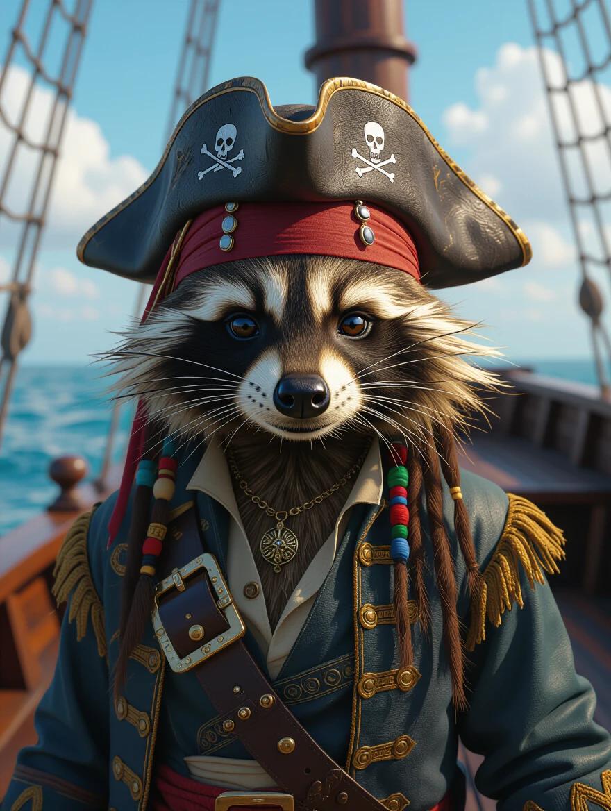 A raccoon dressed as Captain Jack Sparrow stands on a pirate ship. The raccoon wears a pirate hat and a detailed outfit. The scene is hyperrealistic with colorful elements and a detailed ship background.