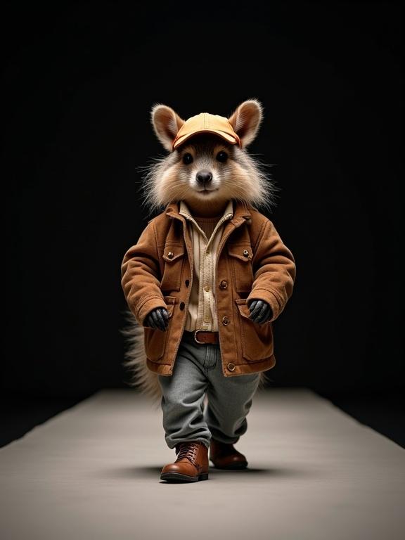High-quality image of a male quokka in fashionable 1970s clothing walking down a runway. Smiling with a charming personality against a black background. Outfit includes pants and a baseball cap. Features include long curly hair.