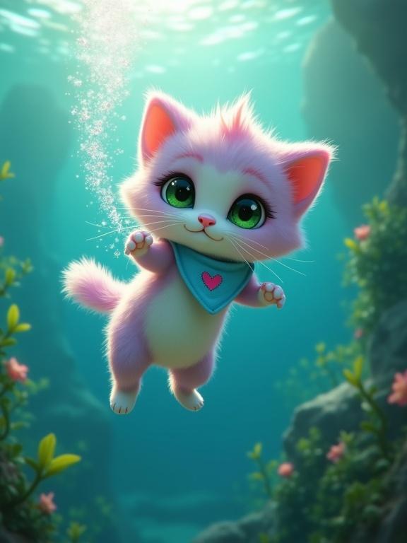 Fluffy anthropomorphic kitten with pastel pink lavender fur swimming upward. Large green eyes and oversized head. Light blue bandana with pink heart. Struggling in underwater currents, pulling baby with one paw. Surrounded by seaweed, powerful strokes, bubbles escaping. Distant surface light and soft glow around them.