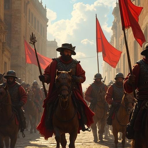 Pizarro entering Quito with his soldiers. They are marching in formation. Soldiers wear armor and red attire. The scene is historical and dramatic.