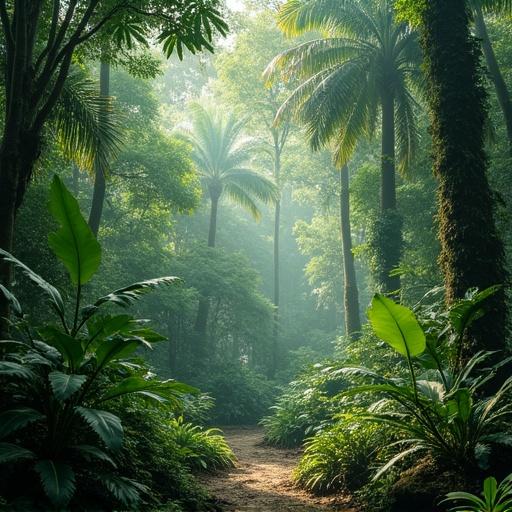 Dense tropical forest scene with a winding path surrounded by lush greenery and tall palm trees. Soft light filters through the canopy.