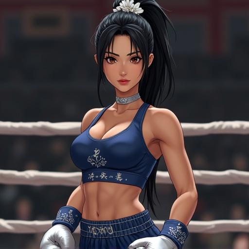 A confident Japanese female boxer stands in a boxing ring. She has an athletic build and olive-toned skin. Jet-black hair is styled in a high ponytail with a silver orchid hairpin. Calm expression and sharp dark eyes. Wears a fitted midnight-blue sports bra with silver embroidery, matching blue trunks, and silver boxing gloves. Lightweight blue boots with silver laces. Simple silver choker and blue wrist wraps with kanji inscriptions. Atmosphere blends traditional Japanese elegance with modern athleticism.