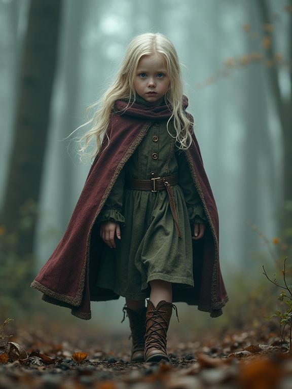 Photorealistic image depicting a little girl with long pale blonde hair and pale skin. She wears a heavy traveling cloak and boots. The scene is set in a misty forest where the atmosphere hints at a high fantasy world. The girl moves with an enigmatic presence.