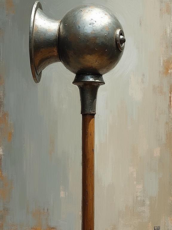 A mace with a sturdy handle and spherical flanged head. Head made of polished metal. Impressionist style.