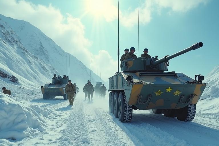 3D recreation of the Kargil War featuring DRDO-supplied military equipment. Soldiers present in a snowy Himalayan battlefield with bright sunlight. Scene bright with vibrant whites, blues, and greens, captured in ultra-HD 4K, 16:9 ratio.