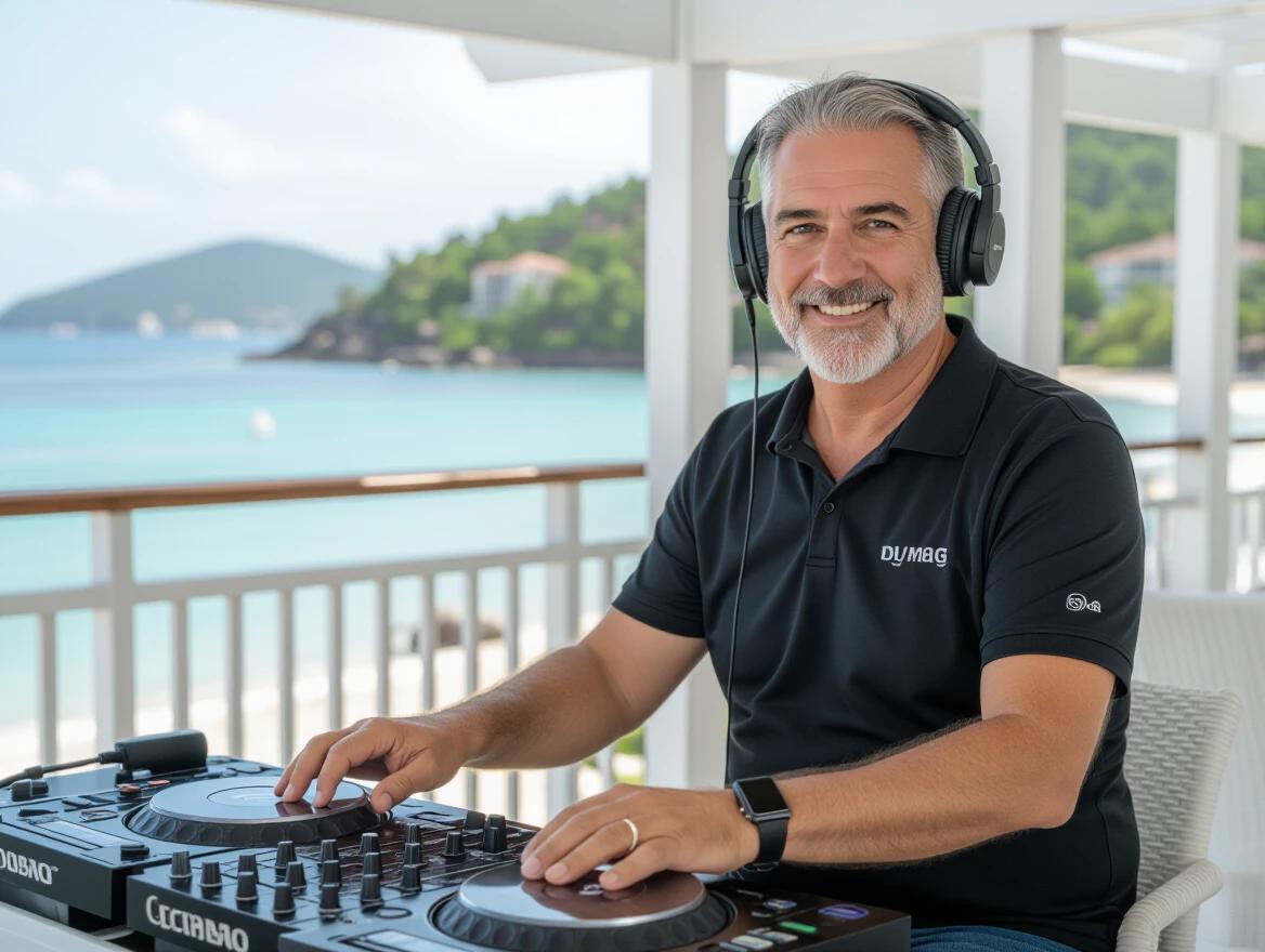 DJ Magal performing at a resort. Clear sky and serene beach in background. DJ equipment prominently displayed. Tropical landscape enhances the atmosphere.
