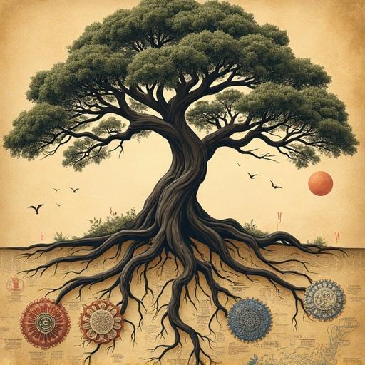 An ancient Bodhi tree in the center of a parchment-toned map. Roots extend into regions of India, China, Japan, Korea, and Vietnam. Branches contain motifs like mandalas, cloud patterns, waves, latticework, and lotus symbols. Richly detailed with Art Nouveau influences. Symbolizes cultural exchange and spiritual depth.