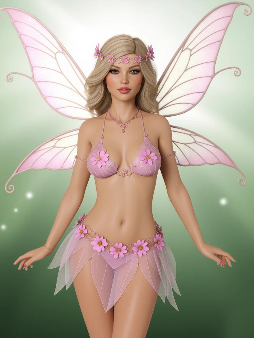 3D depiction of a whimsical fairy with large pink wings and flowery attire. The fairy is standing in a soft-lit environment with a dreamy background. She has long blonde hair and a delicate crown of flowers.