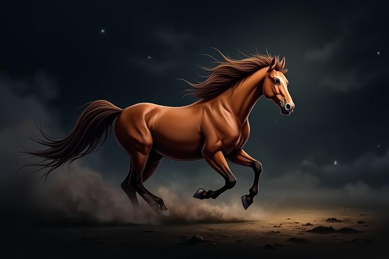 Anime style depicting a brown dun horse running through a storm with a black backdrop.