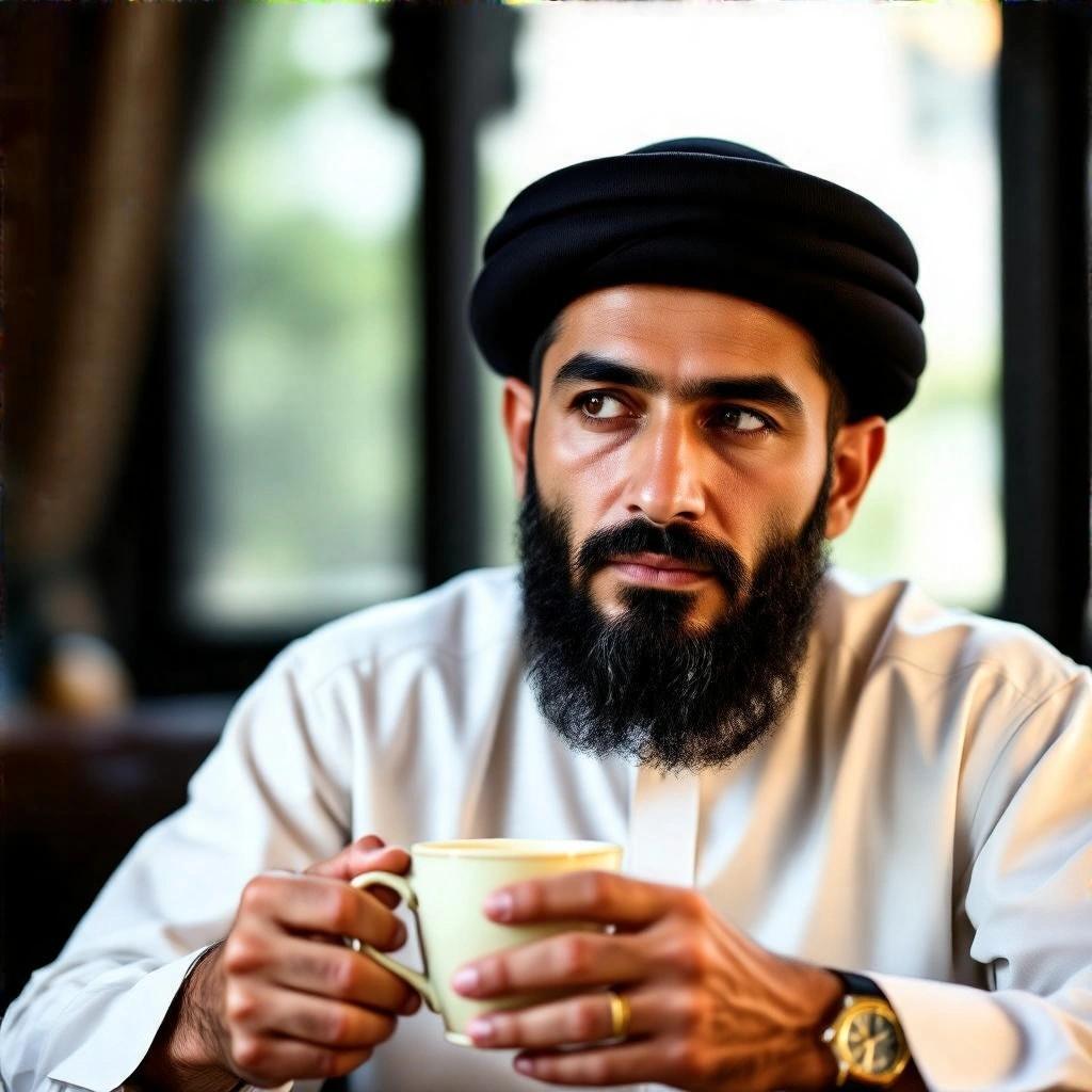 A man with a beard wears a head covering and sits in front of a window. He holds a cup and wears a watch on his left wrist. The setting features soft lighting and a warm atmosphere.