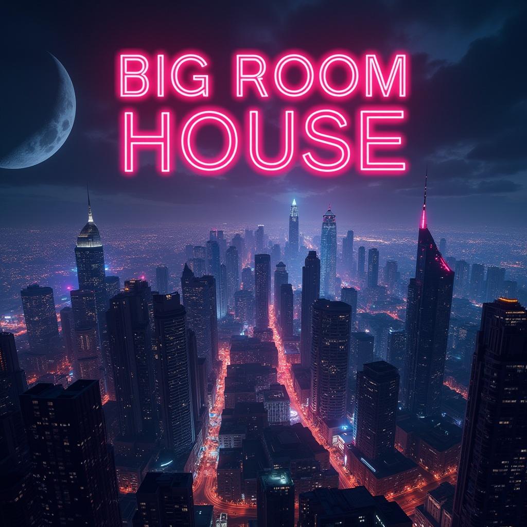 Dark scene featuring a neon megacity skyline. Text saying Big Room House DJ Droptronixx is prominent on the image.