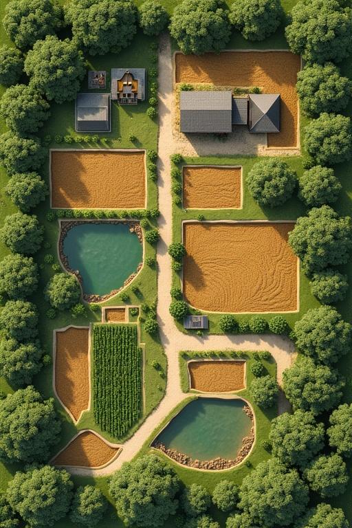 Design layout for a 12-acre farm. Organized crop production plots for rotation and irrigation. Raised homestead area in the north. Workers housing zone at a distance. Interconnected pathways for walking and machinery. Manmade dam or lake for irrigation. Borehole for water access. Perimeter designed to deter wildlife with fencing. Functional and accessible design. Shaded rest areas or agroforestry buffers.