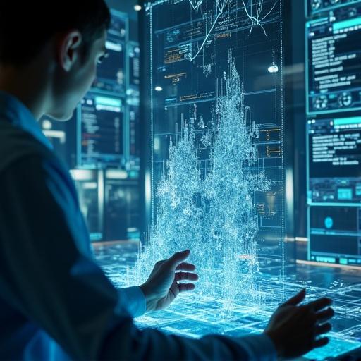 Data scientist analyzing geological data on a holographic 3D map. Scene set in a high-tech lab in Alberta. Ultra-detailed with cinematic lighting.