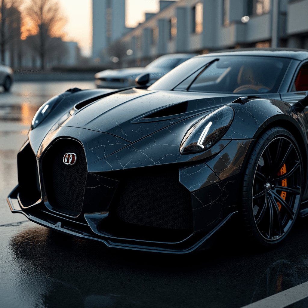 A luxurious black sports car with a marble-like finish is parked on a wet pavement, reflecting the soft glow of a sunrise in an urban setting.