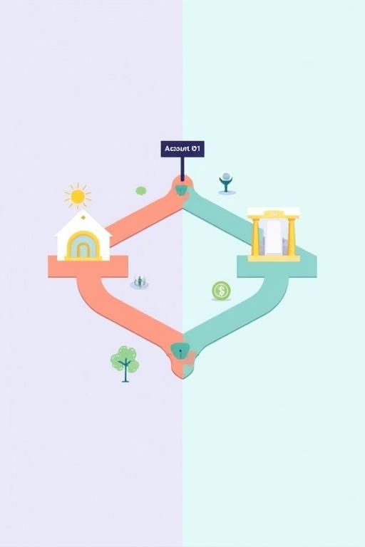 Pinterest pin featuring 'Retirement Accounts 101: Roth vs. Traditional IRA Explained'. Title centered in minimalist sans-serif type. Flat design style with pastel colors. Two parallel paths labeled 'Roth IRA' with house-and-sun icon and 'Traditional IRA' with classical building and coin icon. Signpost reading 'Account 01' at the start. Symmetrical simplified layout with clean space.