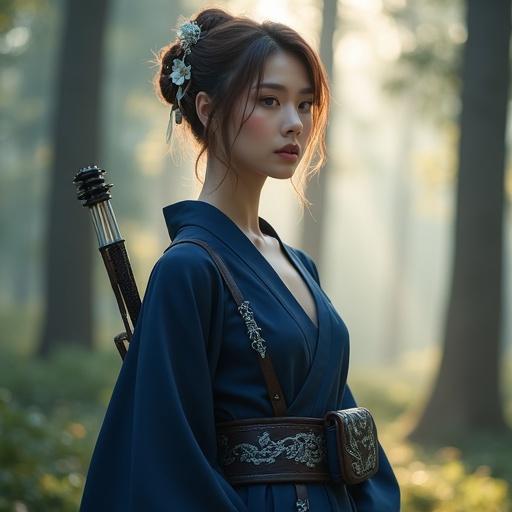 Depicts a female scout in a serene forest. Character shows elegance and confidence. Dressed in a deep indigo kimono-inspired outfit. Smooth porcelain-like skin and medium chestnut brown hair. Hair gently waved and accessorized. Large hazel eyes with a calm expression. Carrying a yumi bow and pouch. Background features misty trees and soft sunlight filtering through foliage.